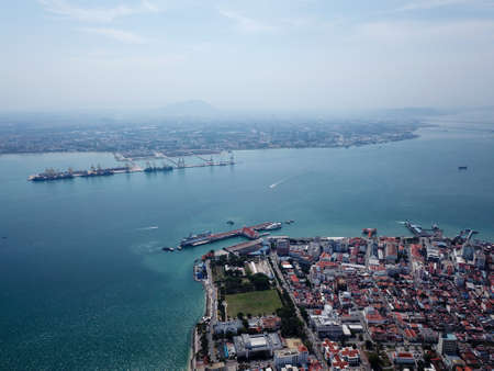 Georgetown, Penang/Malaysia - Mar 17 2020: Aerial view boat move at Penang sea.のeditorial素材