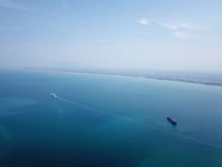 Georgetown, Penang/Malaysia - Mar 17 2020: Drone view ship move under blue sunny day.のeditorial素材