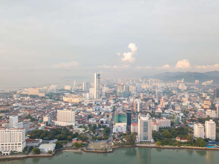 Gurney, Penang/Malaysia - Apr 05 2019: Aerial view KOMTAR building at Georgetown in hazzy day.のeditorial素材