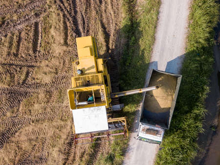 Bukit Mertajam, Penang/Malaysia - Apr 19 2019: Aerial view harvester and truck at paddy field.のeditorial素材
