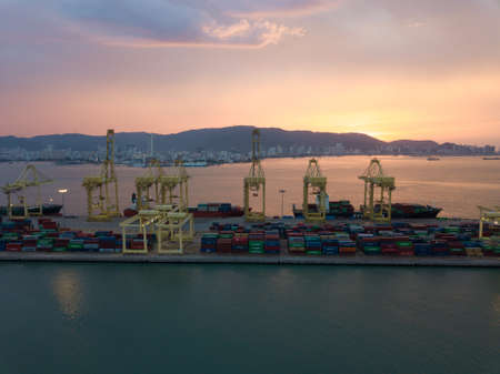 Bukit Mertajam, Penang/Malaysia - May 08 2019: Aerial view sunset hour at container terminal. Background is Penang Island.のeditorial素材