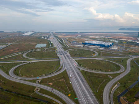 Batu Kawan, Penang/Malaysia - Aug 27 2019: Freeway cloverleaf interchange at Batu Kawan. IKEA...