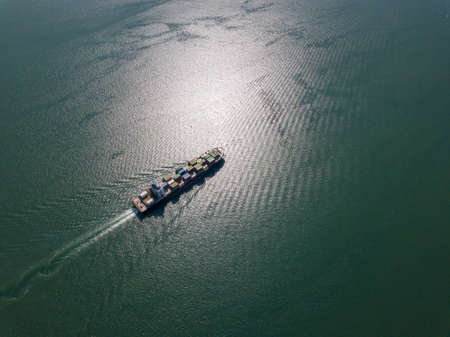 George Town, Penang/Malaysia - Oct 23 2019: Aerial view container ship move at Penang sea.のeditorial素材