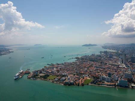 George Town, Penang/Malaysia - Nov 18 2019: Aerial view Georgetown in sunny blue day.のeditorial素材