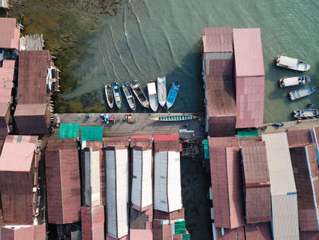 Georgetown, Penang/Malaysia - Mar 21 2020: Aerial fishing boat park at Chew Jetty.