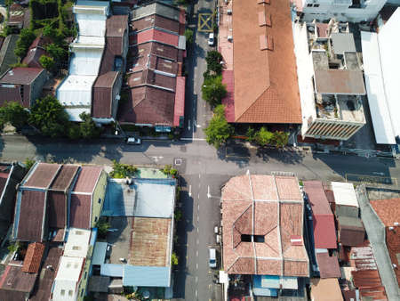 Georgetown, Penang/Malaysia - Mar 21 2020: Aerial look down junction old heritage house.のeditorial素材