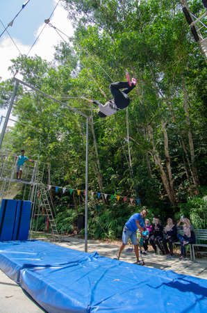 Teluk Bahang, Penang/Malaysia - May 03 2019: Slingshot game pull and release to the air at escape theme park.のeditorial素材