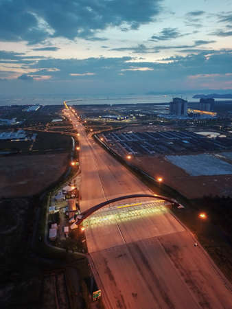 Batu Kawan, Penang/Malaysia - Apr 21 2020: Aerial view of less car at highway Bandar Cassia during lockdown period towards Penang island due to COVID-19.のeditorial素材