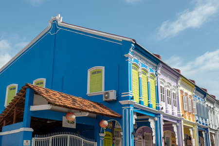 Georgetown, Penang/Malaysia - Sep 25 2020: Nine colorful shop house in a rowのeditorial素材