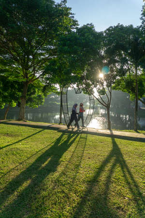 Georgetown, Penang/Malaysia - Jun 25 2020: People exercise in the garden. Beautiful scenery of Up...