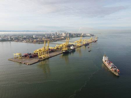 George Town, Penang, Malaysia - Jun 12 2022: Aerial view container ship and terminal port Butterworthのeditorial素材