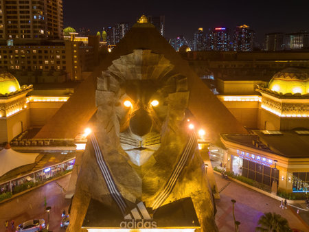 Sunway, Selangor, Malaysia - Nov 07 2022: Drone shot Sunway Pyramid Shopping Mall lion statue in nightのeditorial素材