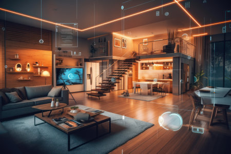 A living room with a futuristic design illustrate the convenience and efficiency of AI technology. Generative AI.の素材
