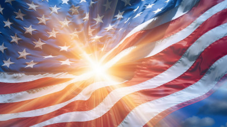 American flag fluttering against a clear blue sky, with rays of sunlight shining through. Generative AI.の素材