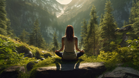 A woman practicing meditation or yoga in a peaceful natural. Mindfulness and self-care in mental health. Generative AI.の素材