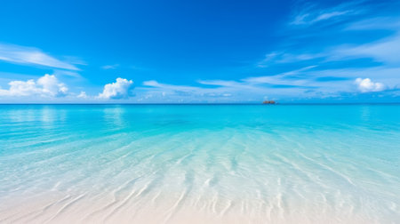 A tranquil beach scene with a crystal clear ocean, white sand and bright blue sky. Generative AI.の素材