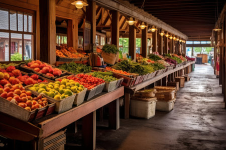 Outdoor market with colorful displays of fresh fruits and vegetables. Generative AIの素材