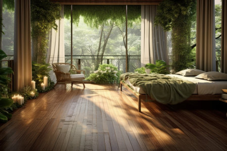 A bedroom with natural wooden flooring and lush green plants as decoration. Generative AIの素材