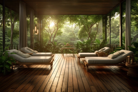 A serene outdoor lounge area with wooden deck, chaise lounges and a table. Generative AIの素材