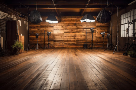 A well-lit wooden floor with professional lighting equipment. Generative AIの素材