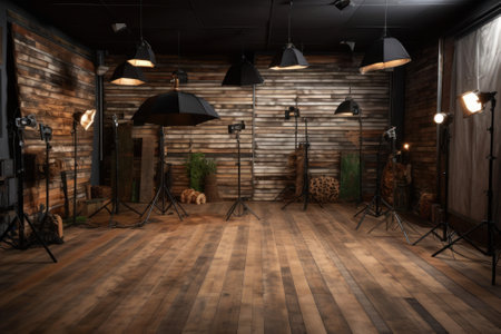 A professional studio with wooden flooring and proper lighting setup for photography. Generative AIの素材