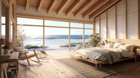 A luxurious oceanfront bedroom with stunning views of the sea. Generative AIの素材