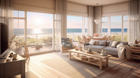 Cozy living room with ample seating and natural light pouring through a large window. Generative AIの素材