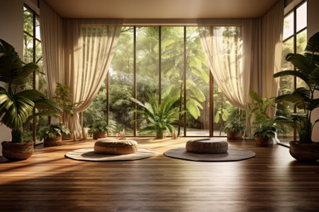A green room with plenty of plants and a large window. Generative AIの素材