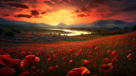 Sunset over a field of flowers poppiesの素材