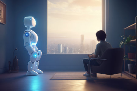 A man and a robot sitting together in a room. Generative AIの素材