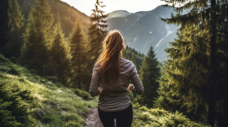 A woman running on a mountain trail with breathtaking views. Generative AIの素材