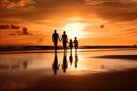A family enjoying a beautiful sunset on the beach. Generative AIの素材