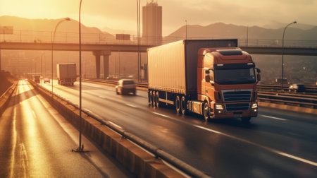 A truck driving on a highway. Generative AIの素材
