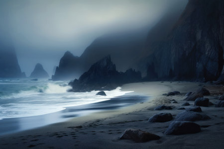 A misty beach with rocky terrain and serene waters. Generative AIの素材