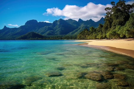 A stunning beach with crystal clear blue waters and majestic mountains. Generative AIの素材