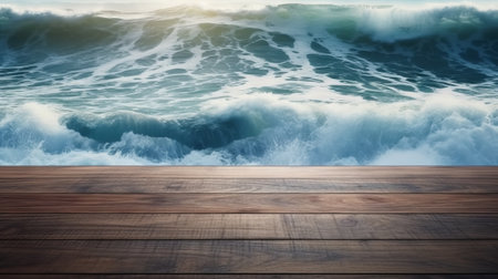 A wooden table with a view of the ocean. Generative AIの素材