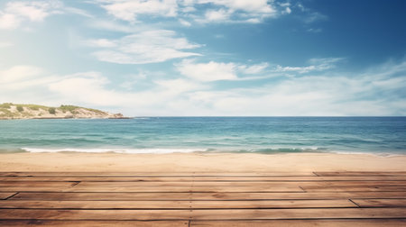A wooden deck overlooks the ocean on a sunny day. Generative AIの素材