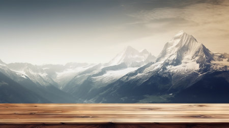 A wooden table with a view of a mountain range. Generative AIの素材