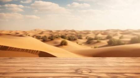 A wooden table top in front of a desert landscape. Generative AIの素材