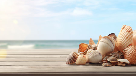 A pile of sea shells sitting on top of a wooden table. Generative AIの素材