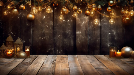 A wooden table topped with candles and ornaments. Generative AIの素材