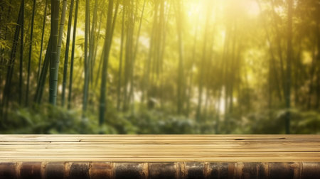A wooden table top in front of a bamboo forest. Generative AIの素材
