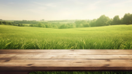 A wooden bench sitting in front of a lush green field. Generative AIの素材