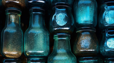 Green glass bottles arranged in a symmetrical pattern. Generative AIの素材