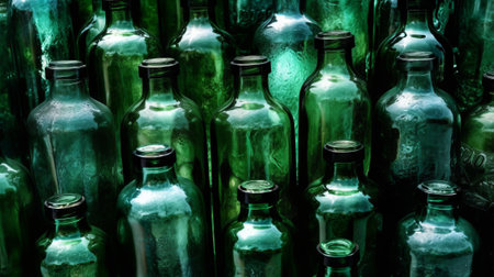 Green glass bottles arranged in a symmetrical pattern. Generative AIの素材