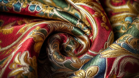 A beautiful red and gold paisley patterned fabric in close-up. Generative AIの素材