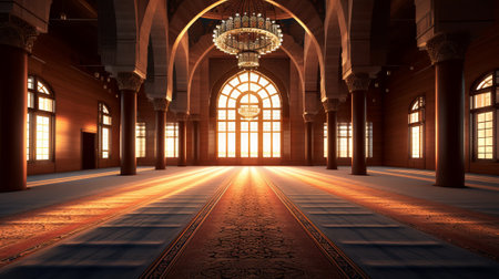 A grand ballroom with an ornate chandelier as the centerpiece. Generative AIの素材