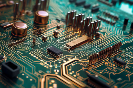 Computer circuit board with multiple electronic components and wires. Generative AIの素材