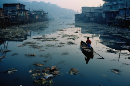 Man rowing a boat on a calm polluted river surface. Generative AIの素材