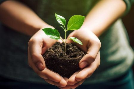 Person holding a green plant with a smile on their face. Generative AIの素材